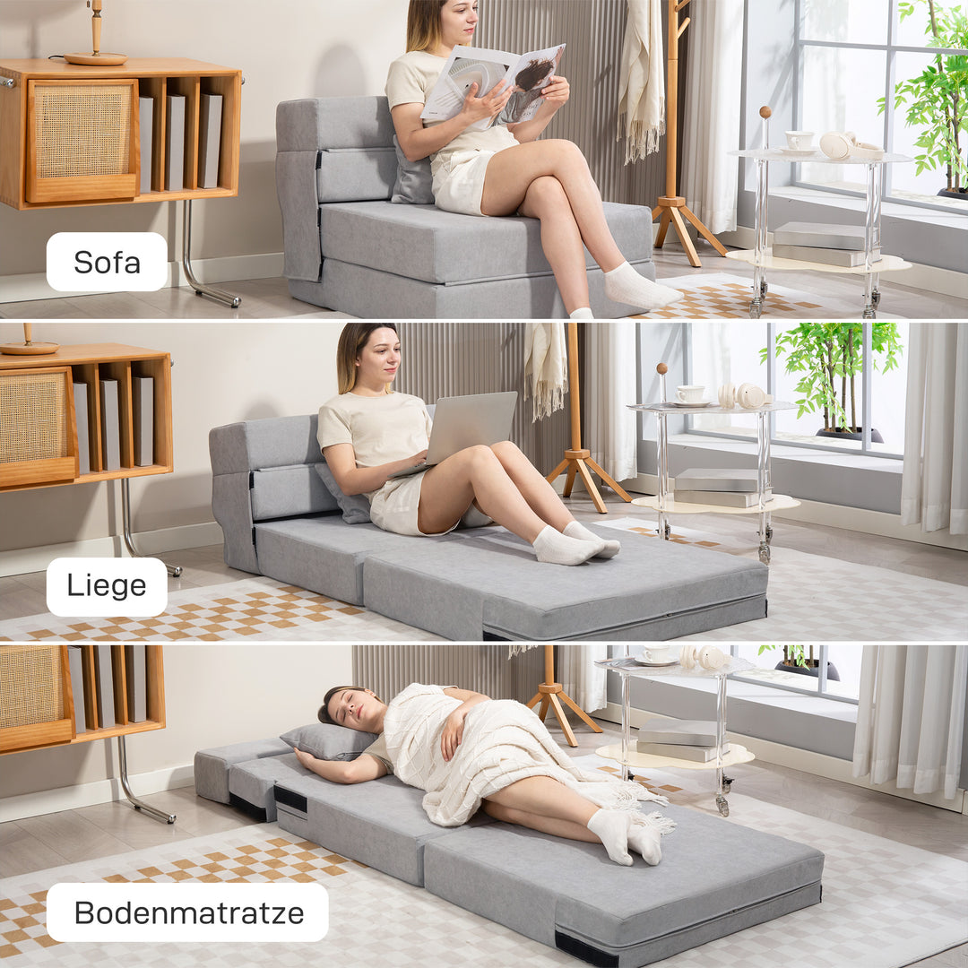 Gulvsofa, polstret, kan omdannes til madras, skum, hynde, lysegrå