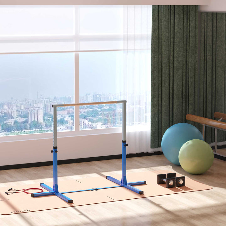 Gymnastikstang, 13 niveauer højdejusterbar, træ- og robust stålkonstruktion, lasteevne op til 75 kg, til 3+ børn, indendørs/udendørs, blå