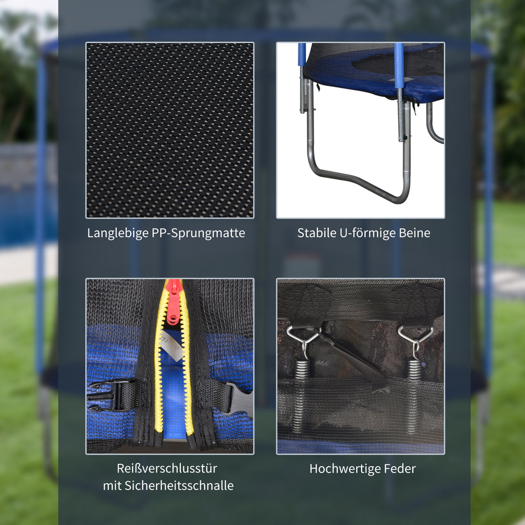Trampolin med sikkerhedsnet havetrampolin til indendørs og udendørs brug fitnesstrampolin til børn og voksne stålblå+sort op til 113,6 kg ø244 x 240h cm