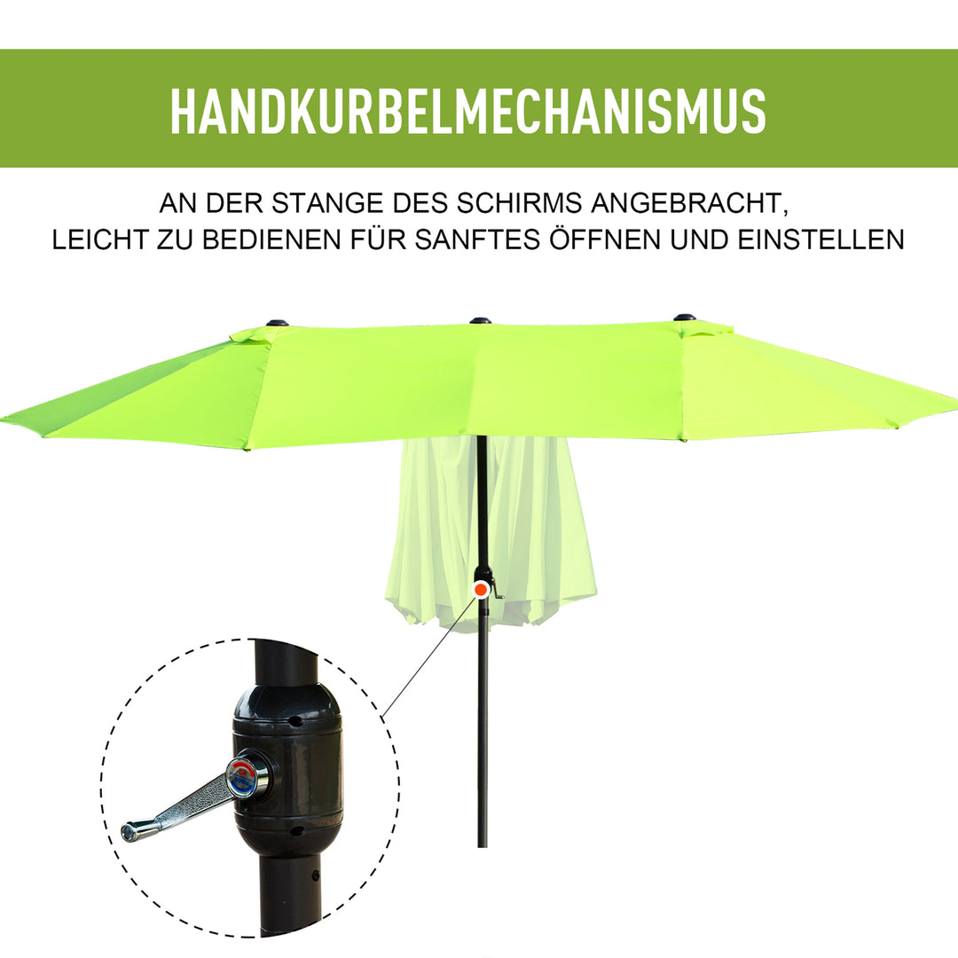 Dobbeltparasol 455 x 270 cm haveparasol med håndsving oval stabil metalstang markedsparasol dobbeltparasol terrasseparasol solbeskyttelse til strand balkon terrasse have grøn