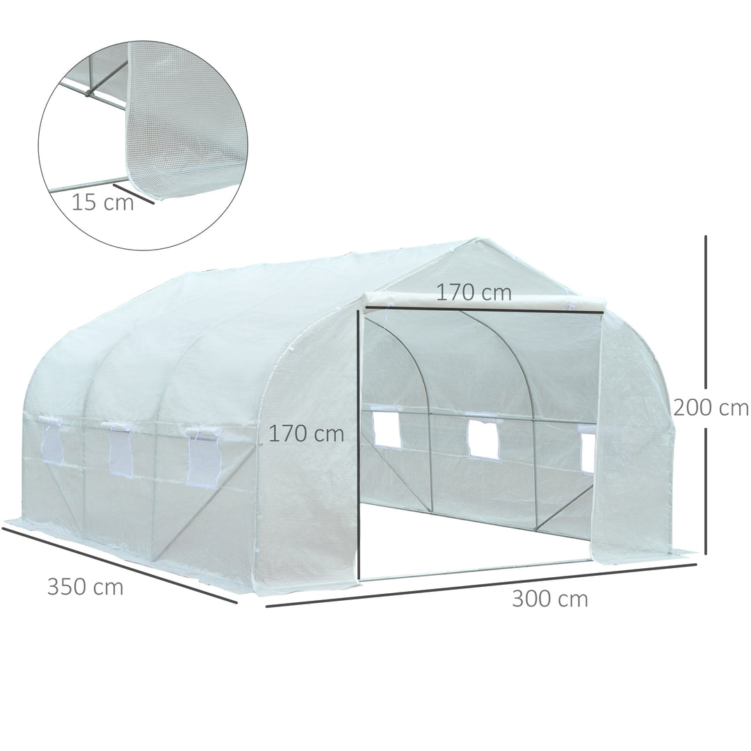 Tunneldrivhus, 6 rullevinduer, dør med lynlås, rivefast folie, metalramme, 3,5 x 3 x 2 m, hvid