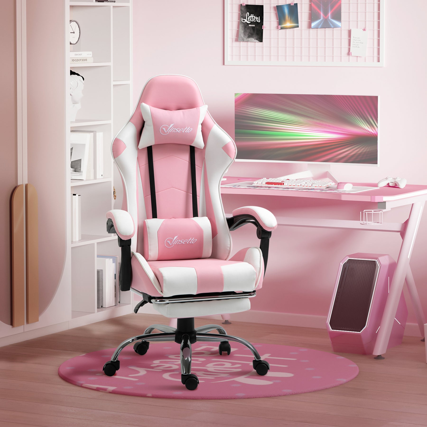 Sort og rød ergonomisk gamingstol med fodstøtte, nakkestøtte og lændepude