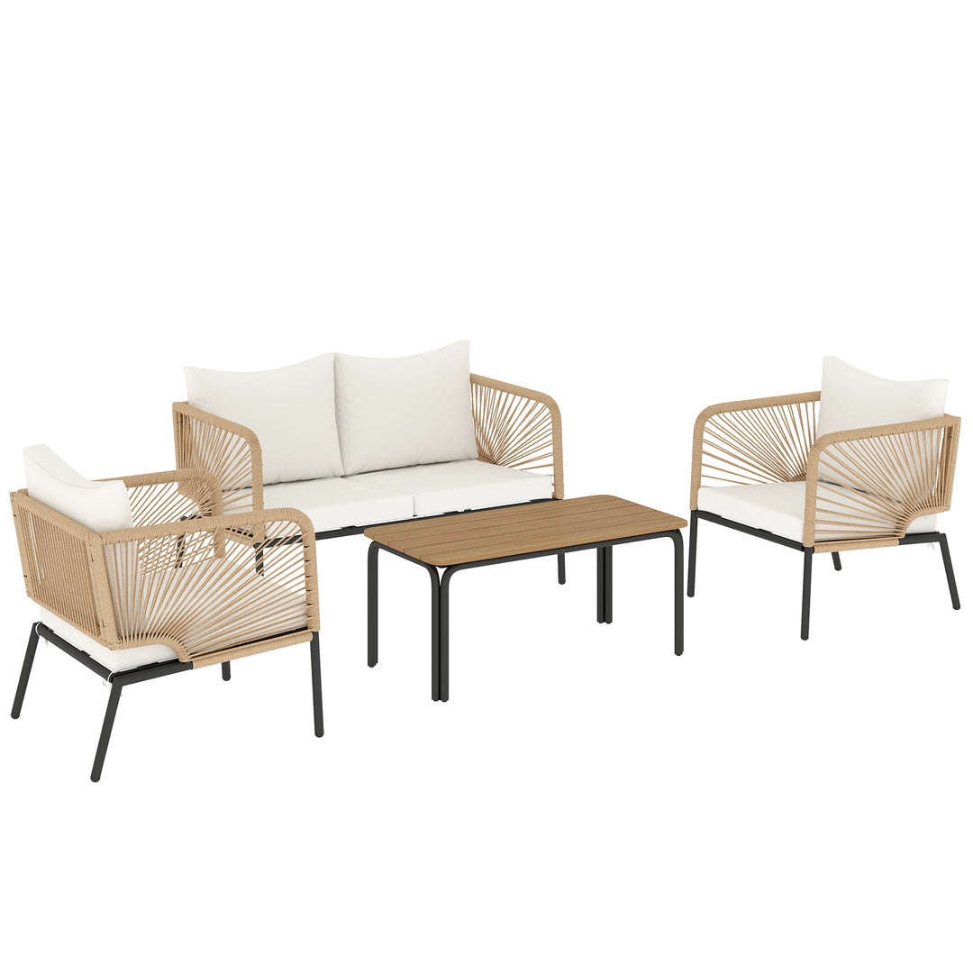 Havemøbelsæt, vejrbestandigt, til 4 personer, med 2-personers sofa, 2 lænestole, WPC lamelbord, metal, PE-rattan, hvid