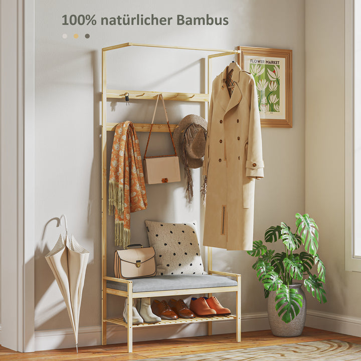 Garderobe med skobænk, bøjlestang, 10 knagerækker, skohylde, bambus