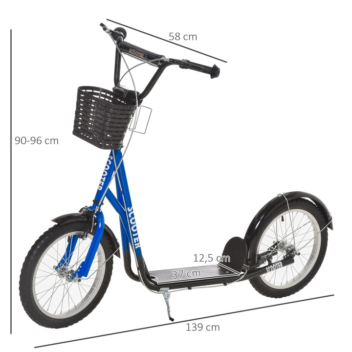 Børnescooter, løbehjul med bremse, inklusive kurv, højdejusterbar, til børn 5-12 år, blå+sort