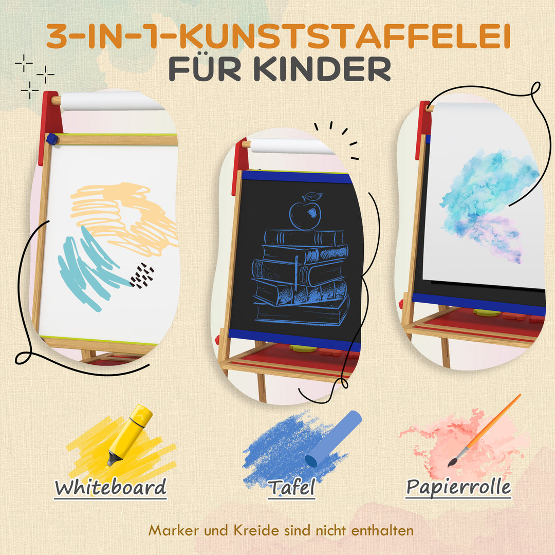 3-I-1 børnestaffeli, tavle, whiteboard, papirrulle, inklusive tilbehør, fyrretræ, justerbar