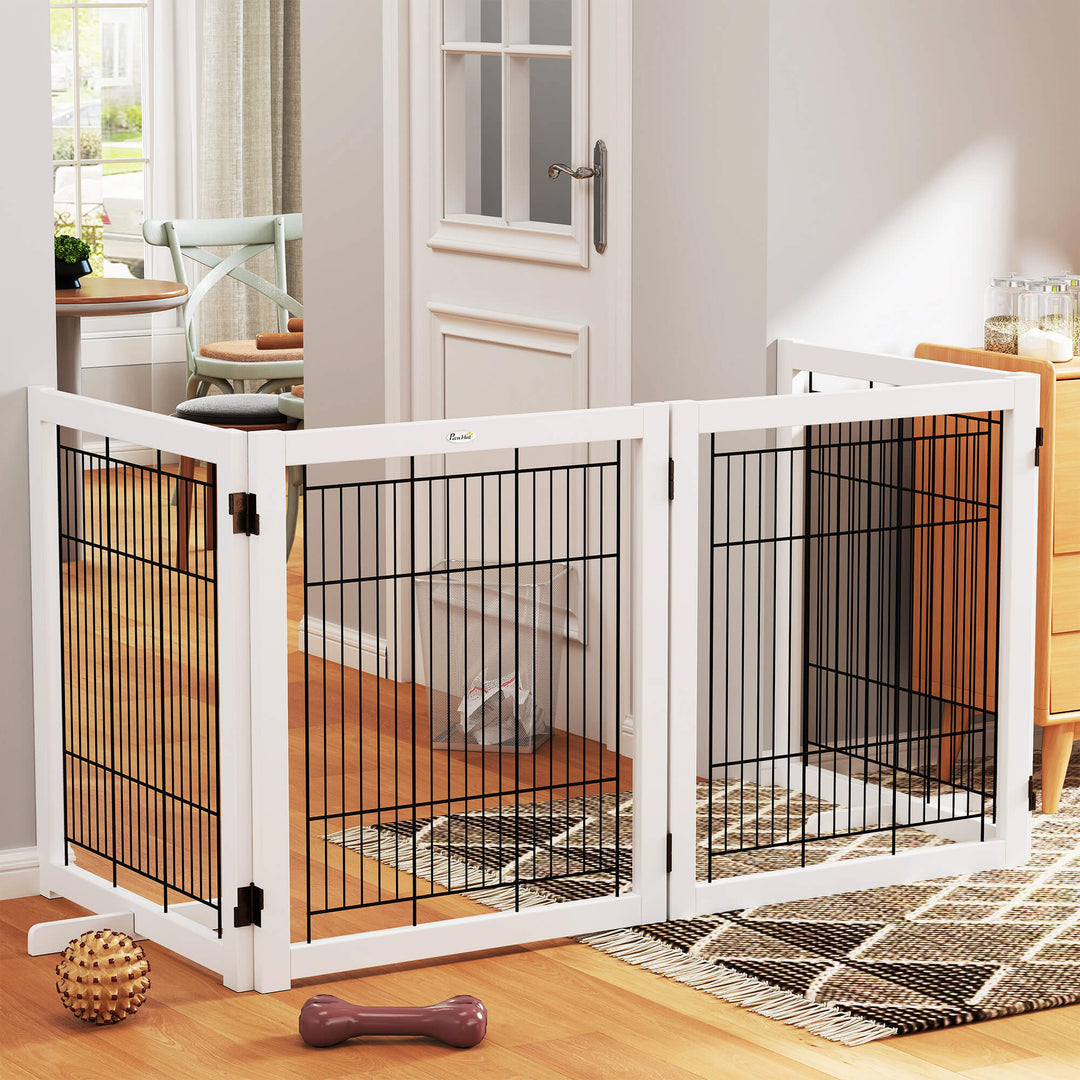 Hundegitter træ hundegitter sikkerhedslåge tovejs foldbart stål hvid 305 x 35,5 x 82 cm