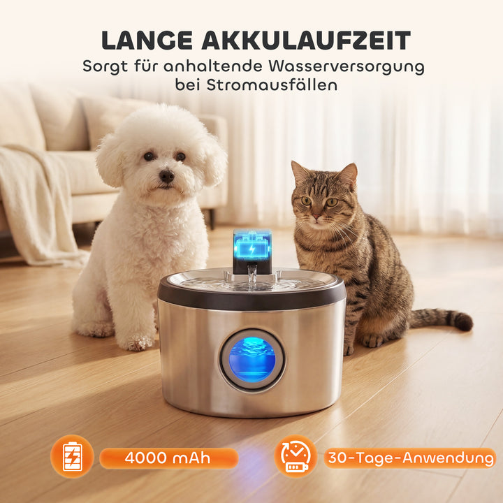 4L trådløs kattefontæne i rustfrit stål med bevægelsessensor, 6 filtre, dobbelt filtersystem, LED, sølv