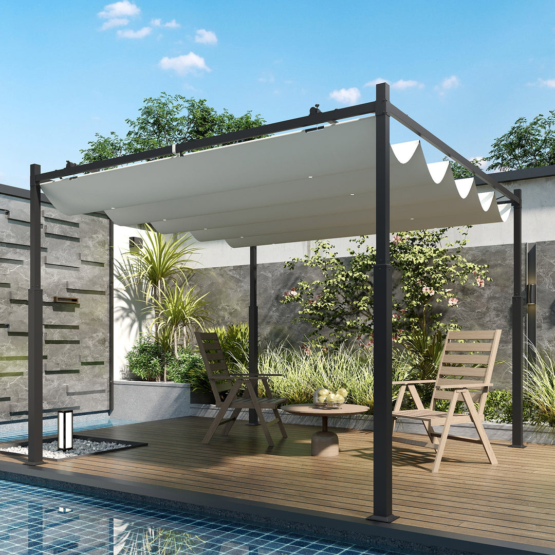 Havepergola, 3 x 3 m, udtrækkeligt tag og magnetisk pude, udendørs baldakin, havepavillon, UPF30+, metal, cremehvid
