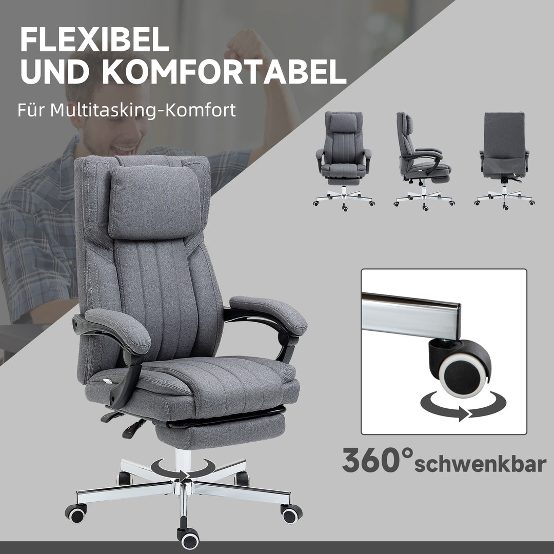 Kontorstol med massagefunktion, ryglæn med justerbar ryglæn, udtrækkelig fodstøtte, linnedlook, grå, 65 x 61 x 113 cm