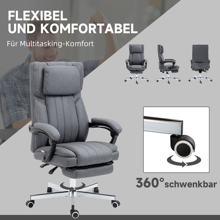 Kontorstol med massagefunktion, ryglæn med justerbar ryglæn, udtrækkelig fodstøtte, linnedlook, grå, 65 x 61 x 113 cm