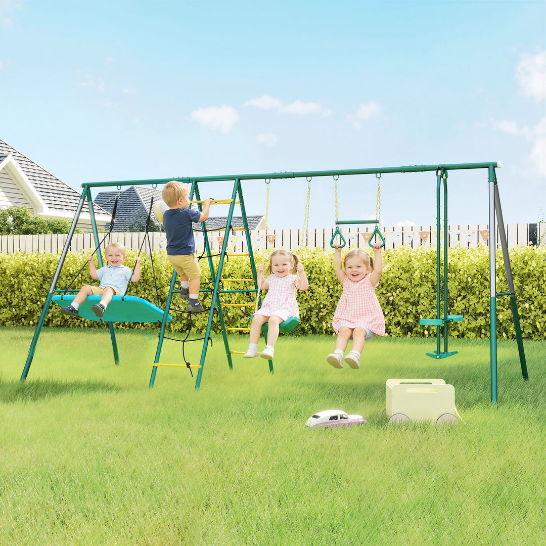 5-i-1 gyngesæt med justerbar redegynge, gymnastikringe, dobbeltsæde klatrestativ til 3-8 år, 440x175x203 cm