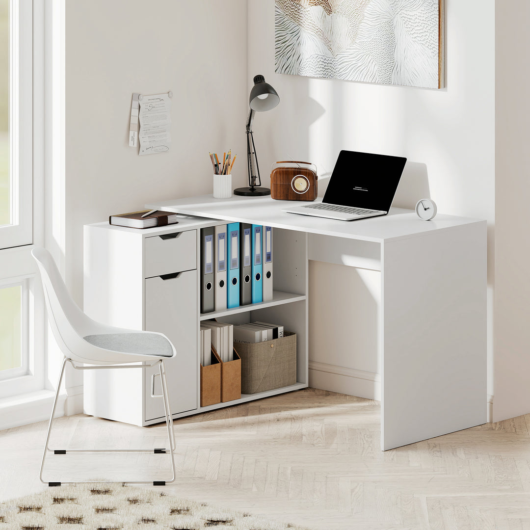 Fleksibelt skrivebord, 2-lags skab, skuffe, åbne rum, træ, hvid