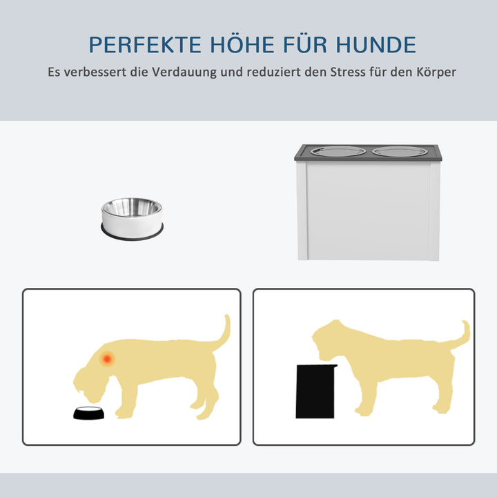 Foderstation hævede foderskåle 1 opbevaringsplads 2 foderskåle i rustfrit stål, 60 x 30 x 42 cm, hvid + grå