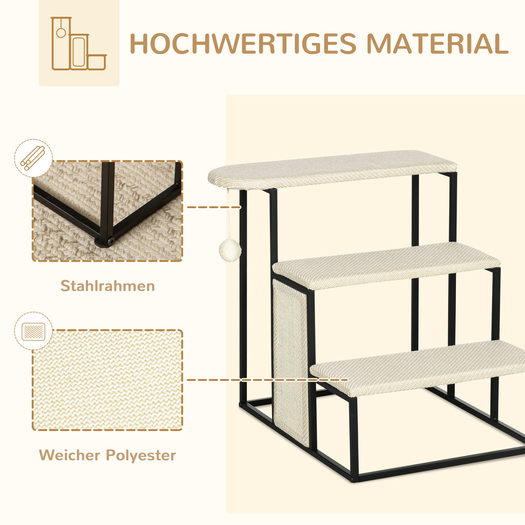 Kattetrappe med kradsebræt, 3 trin, legebold, robust, stål+sisal, cremehvid+sort, 51 x 54 x 53 cm
