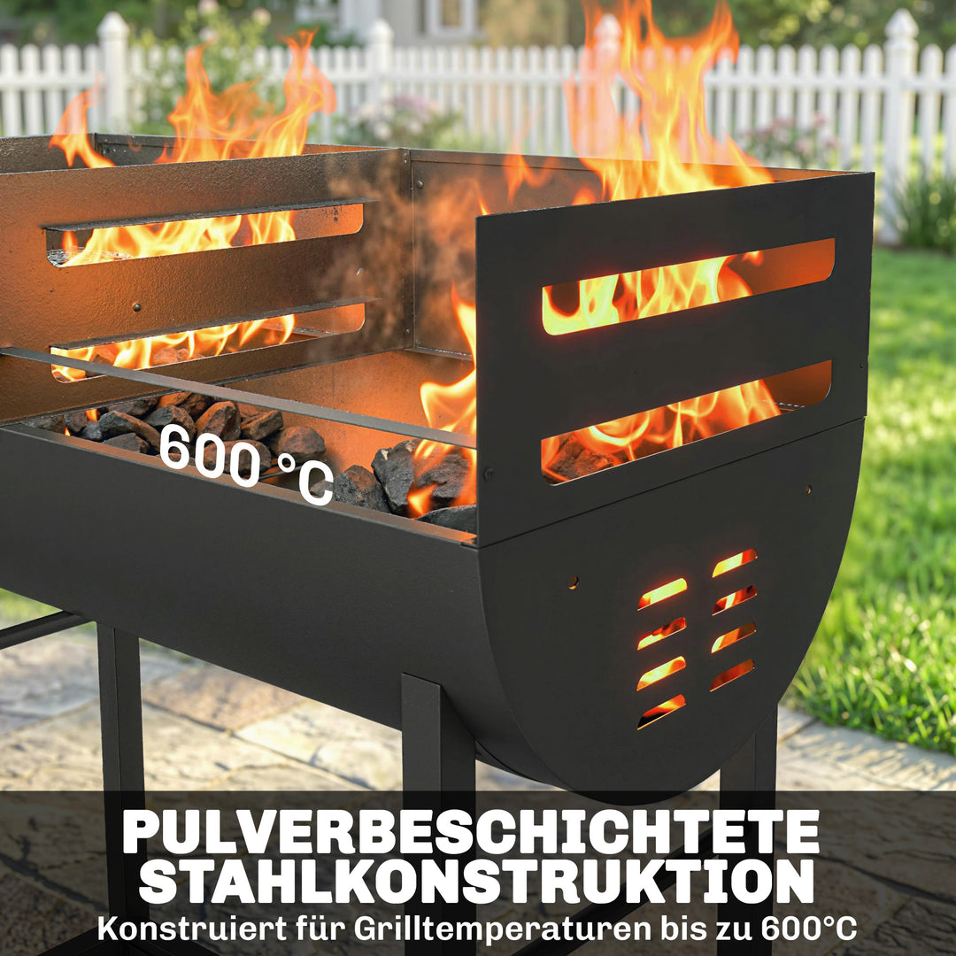Kulgrillvogn med 2 grillzoner, højdejusterbar grillrist, træhylde, hjul, sidehåndtag, 103 x 46,5 x 100 cm