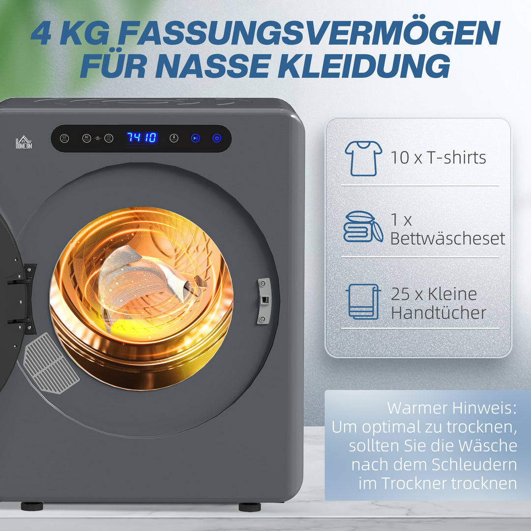 Tørretumbler, 6 programmer, 40-60°c, 4 kg kapacitet, kompakt, touch-betjening, grå