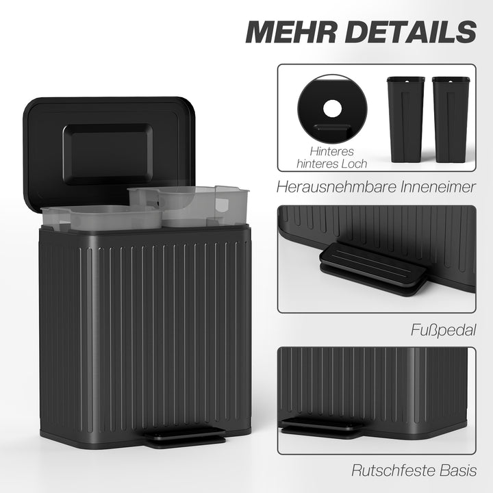 Køkkenaffaldsspand, 2 x 20 L rum, effektiv affaldssortering, fodpedal, plast, metal, sort