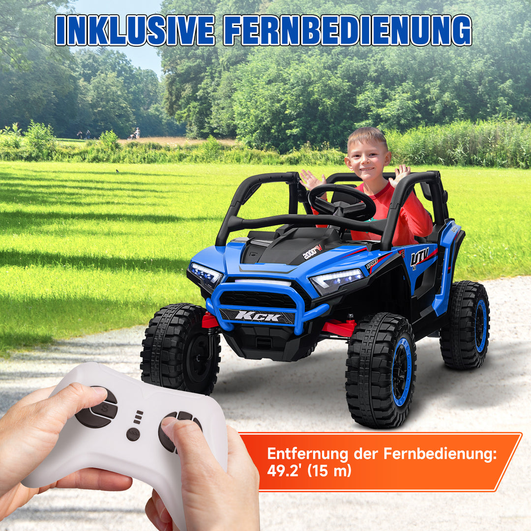 Elektrisk børne-UTV, 5-7 km/t, 2-personers, fjernbetjening, musik, lys, 1 times køretid, blå