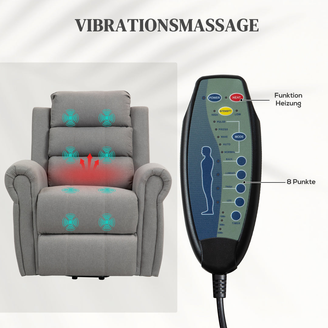 Lænestol med ståstøtte, 8 massagepunkter, opvarmet ryglæn, linnedlook, grå