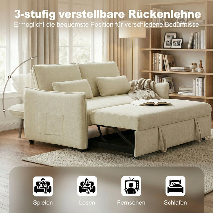 3-i-1 justerbar sovesofa, to-personers med kopholdere, justerbar ryglæn og sidelommer, beige