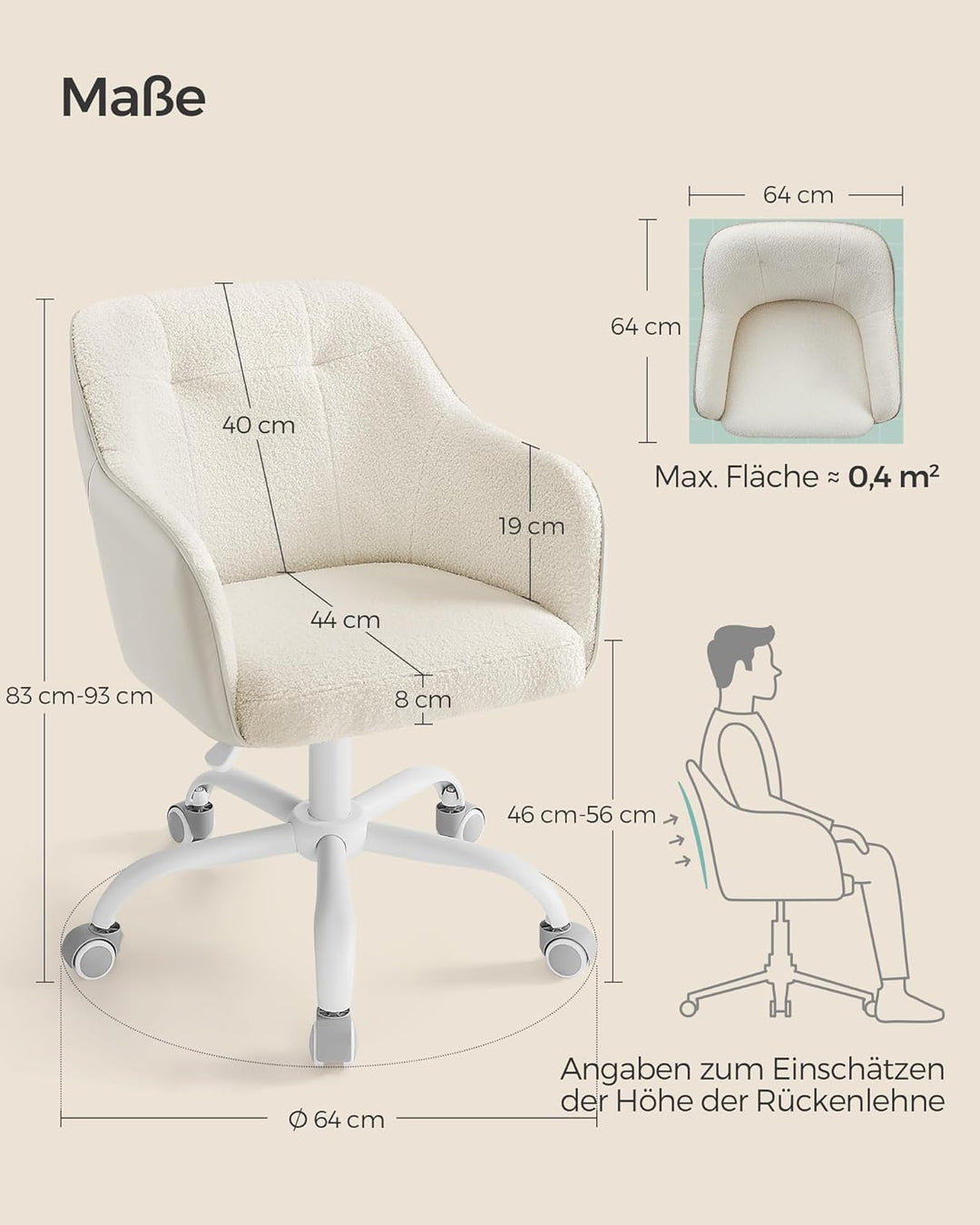 Kontorstol i cappuccino beige med justerbar højde, drejefunktion og bæreevne op til 110 kg, beige