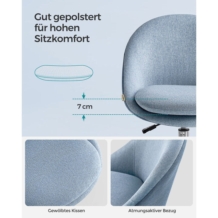 Kontorstol til hjemmekontor, drejelig skrivebordsstol med skumpolstring, højdejusterbar, blå