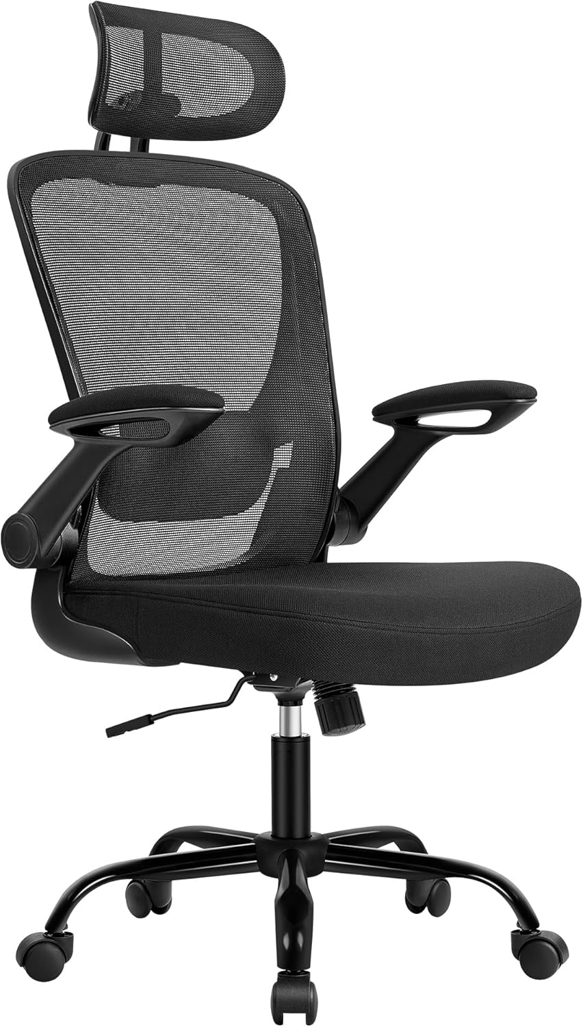 Ergonomisk kontorstol med polstret lændestøtte i netstof, vippefunktion, 53 cm sæde, foldbare armlæn, nakkestøtte, sort