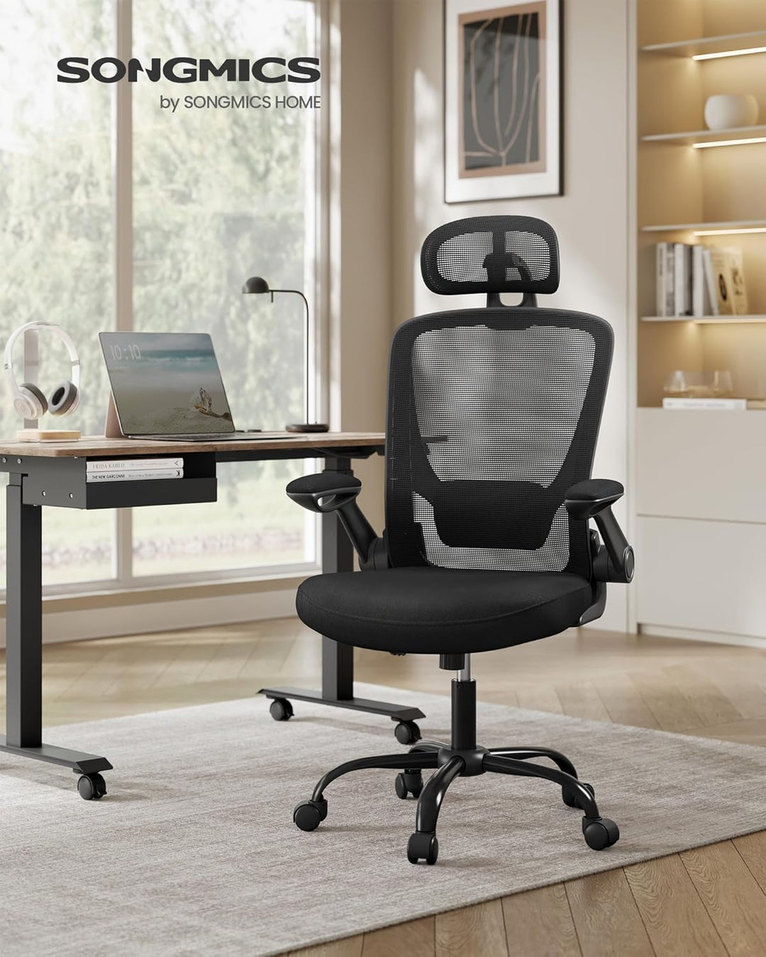 Ergonomisk kontorstol med polstret lændestøtte i netstof, vippefunktion, 53 cm sæde, foldbare armlæn, nakkestøtte, sort