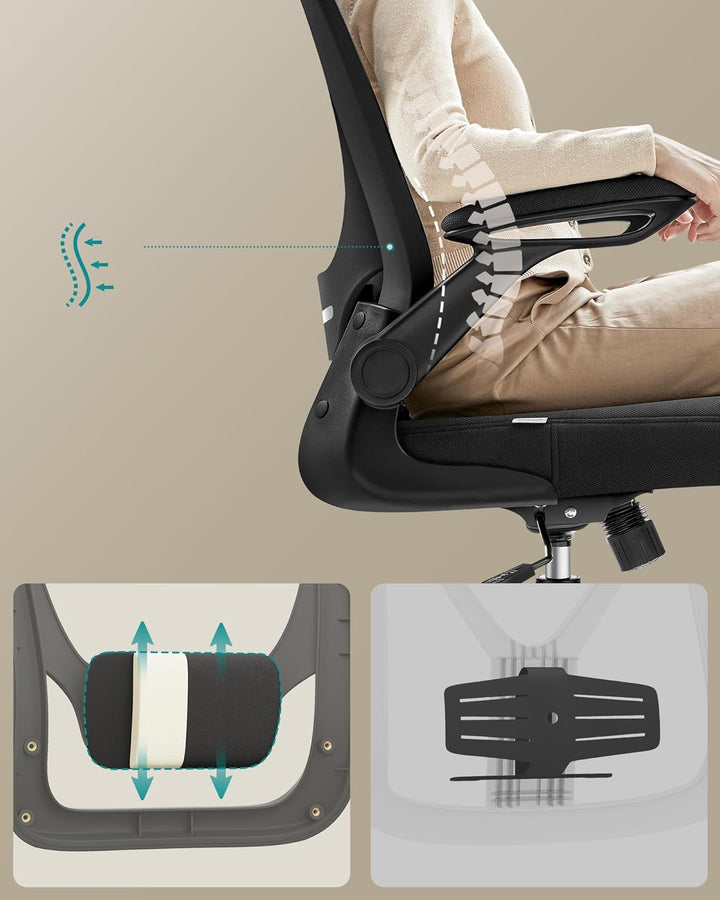 Ergonomisk kontorstol med polstret lændestøtte i netstof, vippefunktion, 53 cm sæde, foldbare armlæn, nakkestøtte, sort