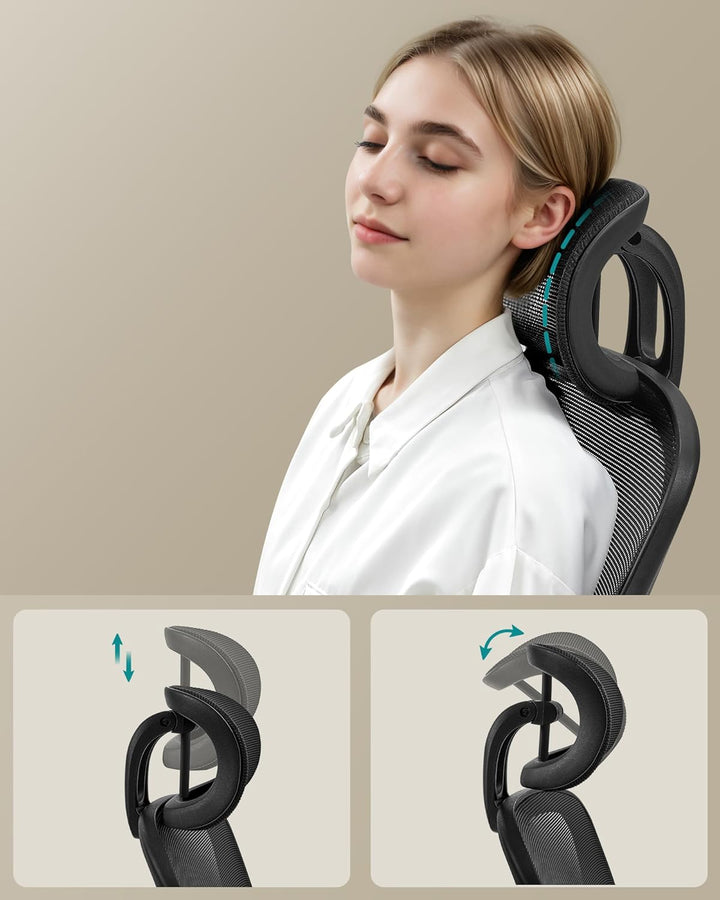 Ergonomisk kontorstol med polstret lændestøtte i netstof, vippefunktion, 53 cm sæde, foldbare armlæn, nakkestøtte, sort