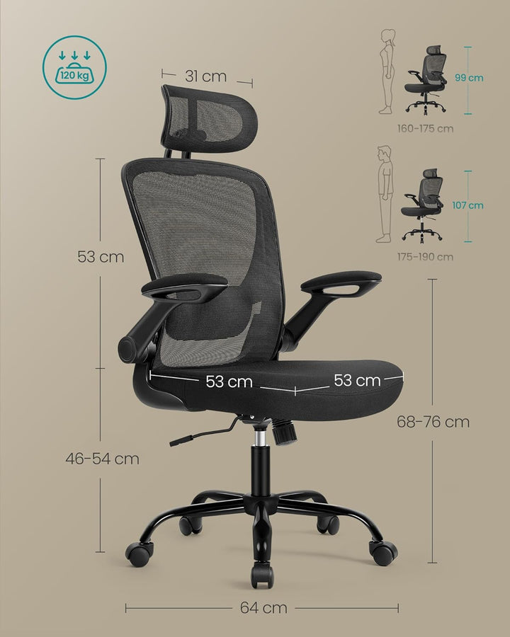 Ergonomisk kontorstol med polstret lændestøtte i netstof, vippefunktion, 53 cm sæde, foldbare armlæn, nakkestøtte, sort