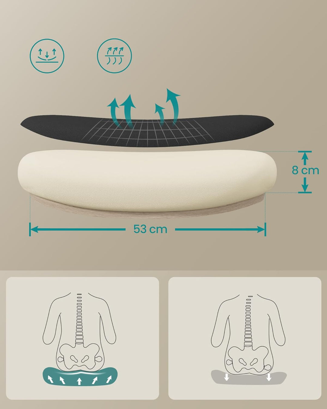 Ergonomisk kontorstol med polstret lændestøtte i netstof, vippefunktion, 53 cm sæde, foldbare armlæn, nakkestøtte, sort