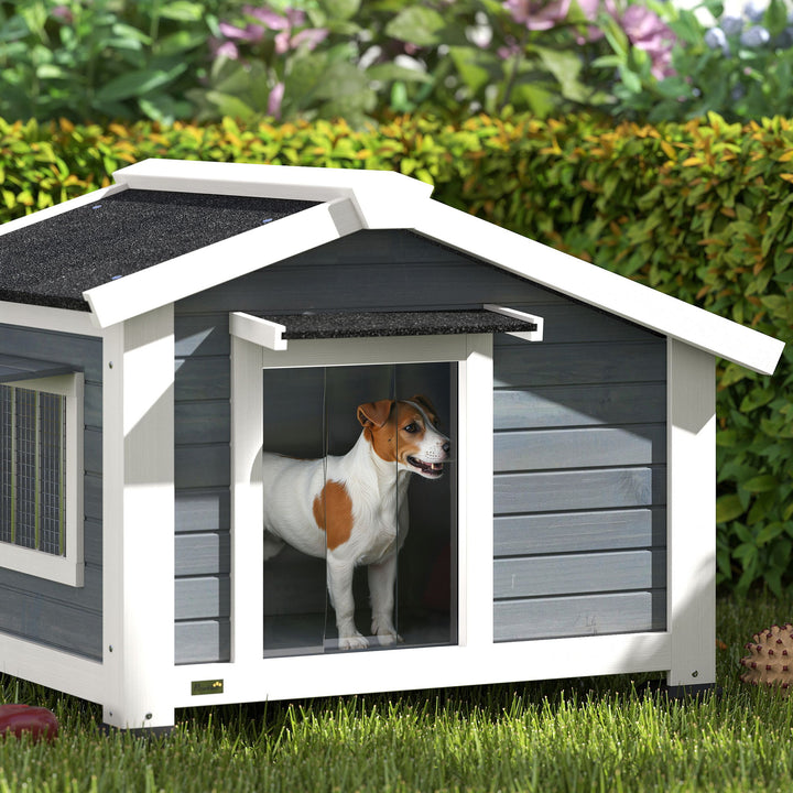 Vejrbestandigt hundehus i træ med aftageligt gulv, asfalttag, vindue der kan åbnes, 98x76x69,5 cm, grå