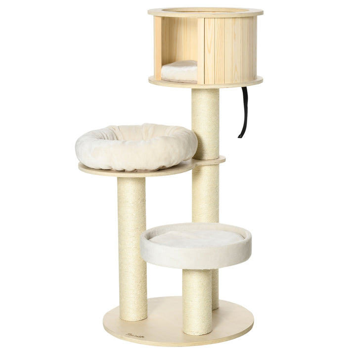 Kradsetræ 122 cm højt trækattetårn med tre niveauer, sisalstolper, platform, kradsetræ i flere niveauer, klatretræ til katte under 4,5 kg, naturlig + creme