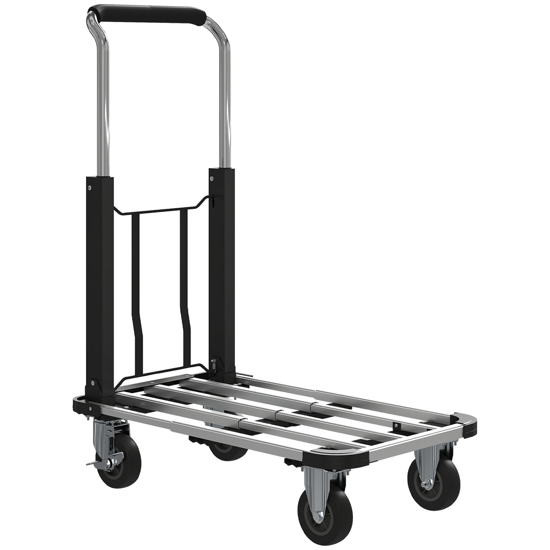 Sammenklappelig sækkevogn, 150 kg lasteevne, udvidelig platform, højdejusterbart håndtag, til kasser, metal, sort