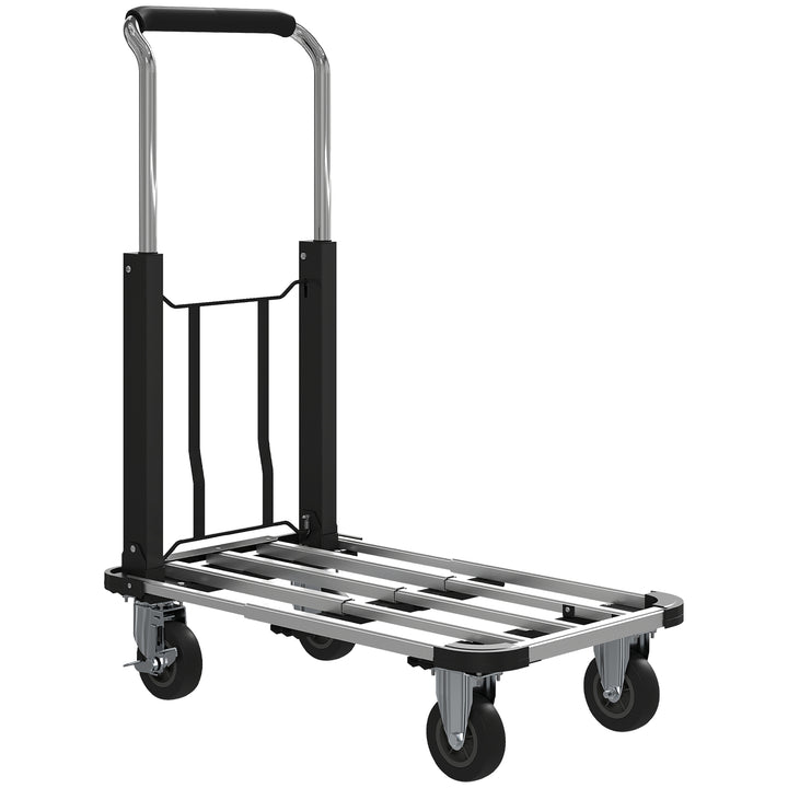 Sammenklappelig sækkevogn, 150 kg lasteevne, udvidelig platform, højdejusterbart håndtag, til kasser, metal, sort