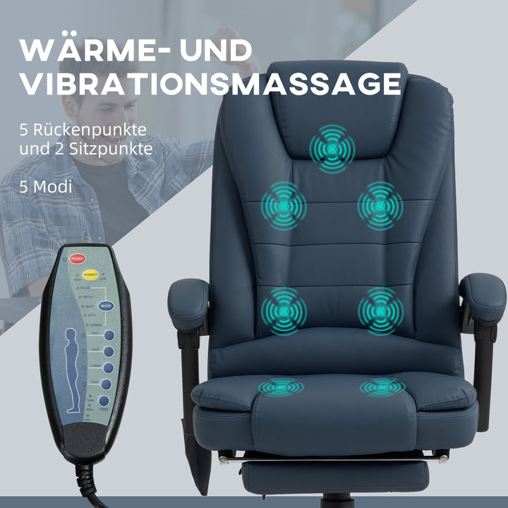Massagekontorstol, 7 vibrationspunkter, justerbar fodstøtte og ryglæn, op til 120 kg, læderlook, blå