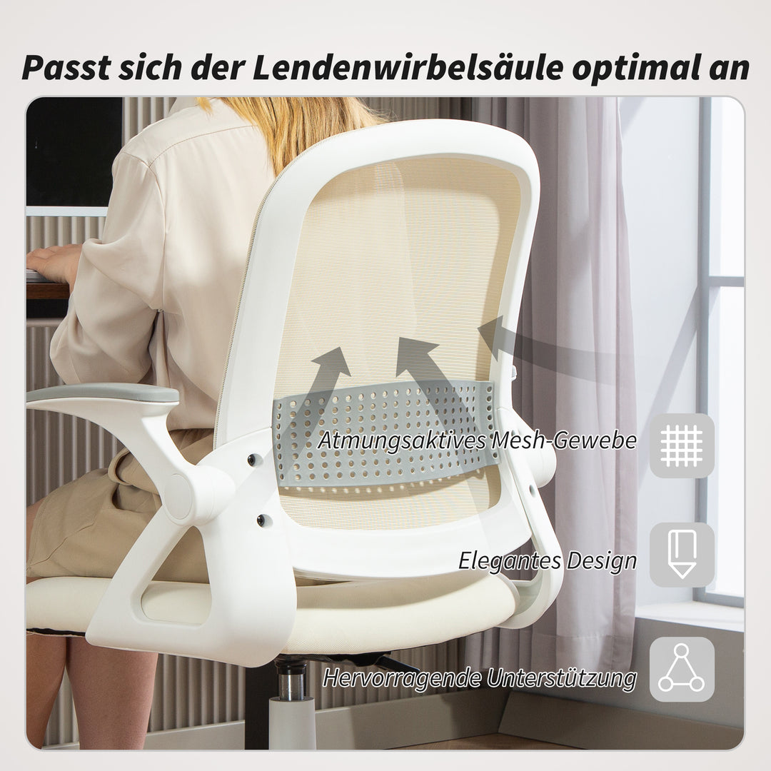 Åndbar netkontorstol, ergonomisk drejestol med foldbare armlæn og lændestøtte, hvid
