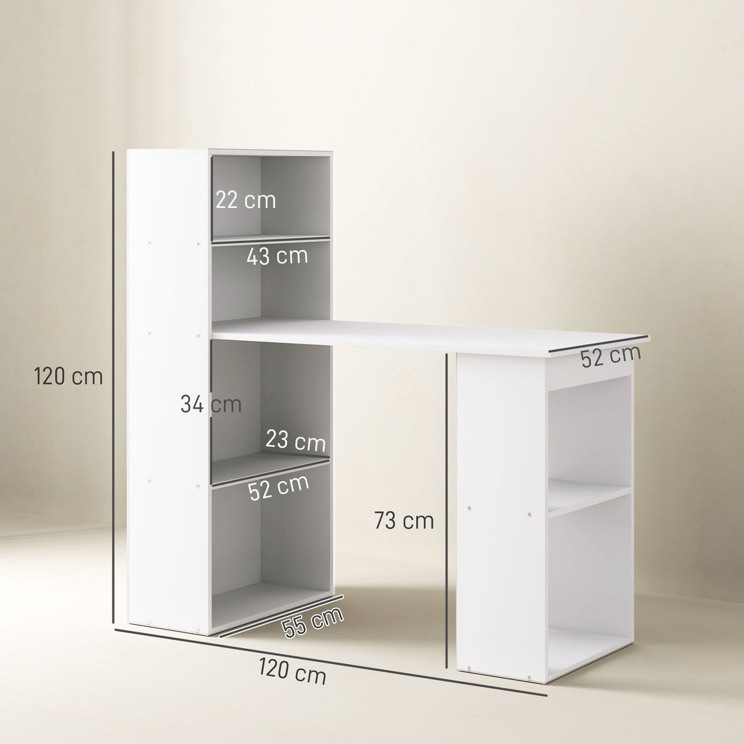 Skrivebord kontorbord computerbord, 2 hylder, 5 hylder, 120 cm x 55 cm x 120 cm, hvid