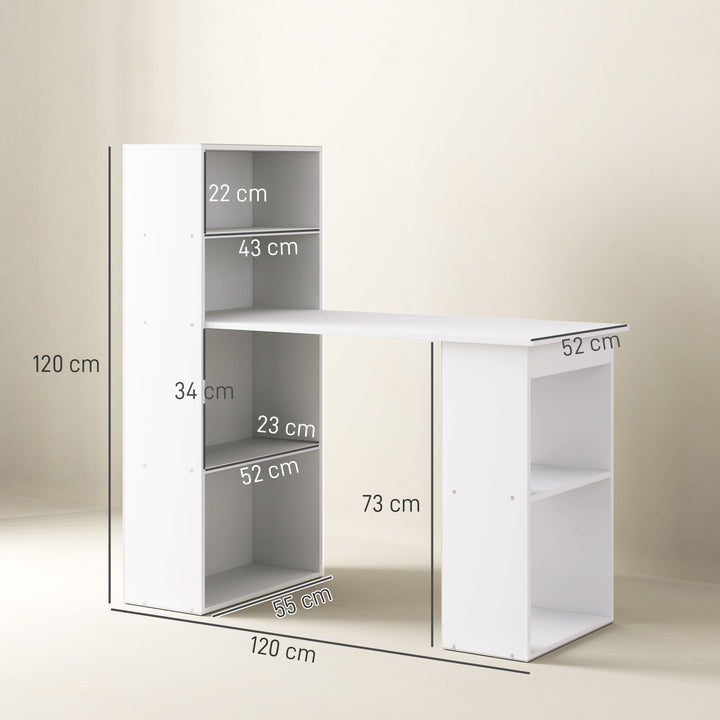 Skrivebord kontorbord computerbord, 2 hylder, 5 hylder, 120 cm x 55 cm x 120 cm, hvid