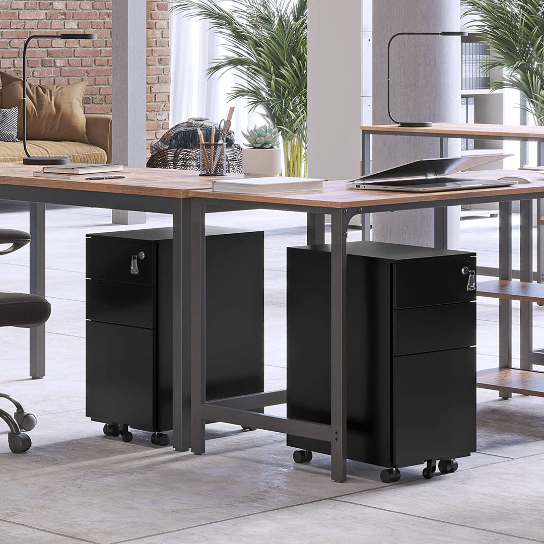 Kontorarkivskab, mobilt opbevaringsskab med hjul og lås til dokumenter og hængemapper med 3 skuffer, sort