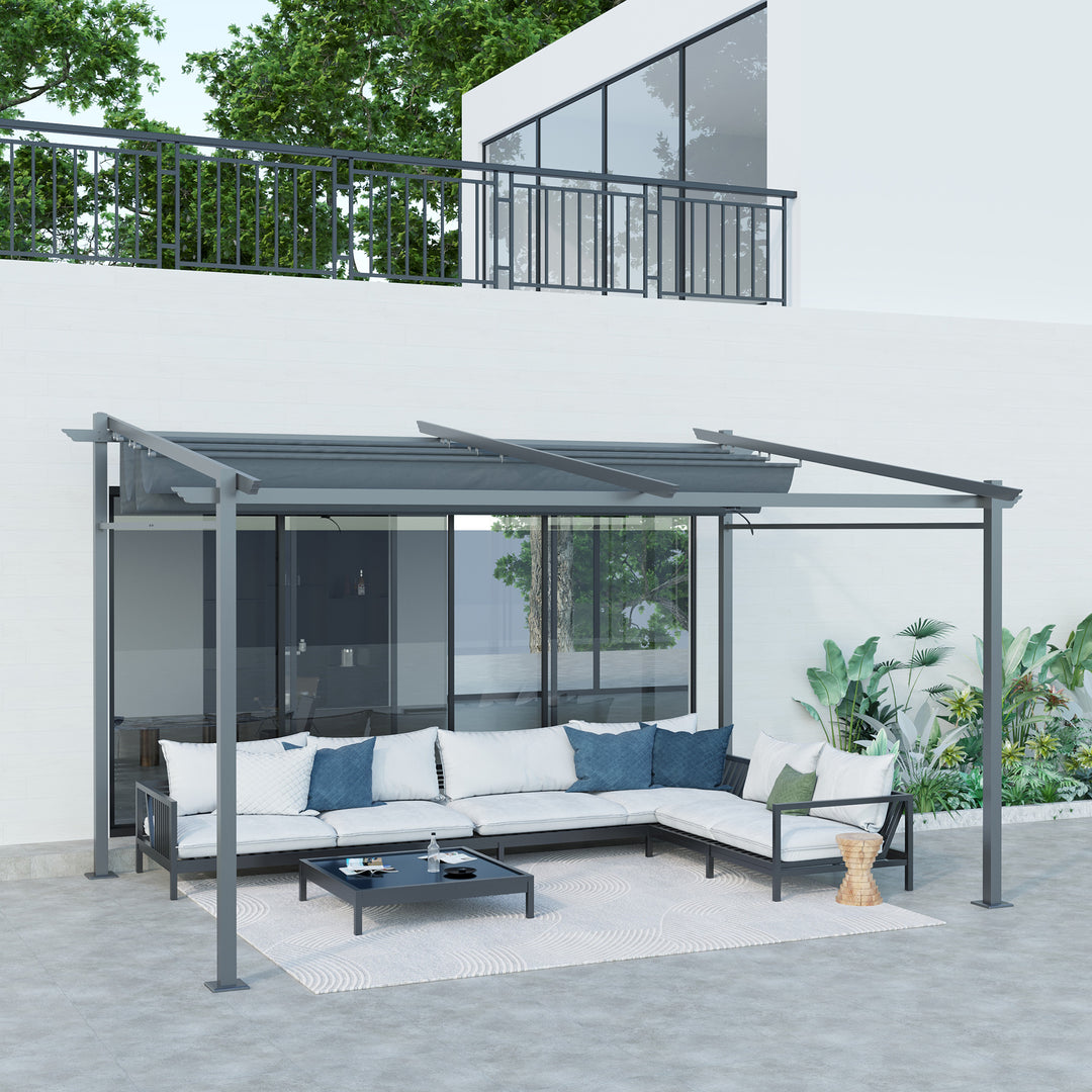 Pergola, inklusive monteringsbeslag, udtrækkeligt tag, 3,97 m x 2,95 m x 2,3 m, mørkegrå