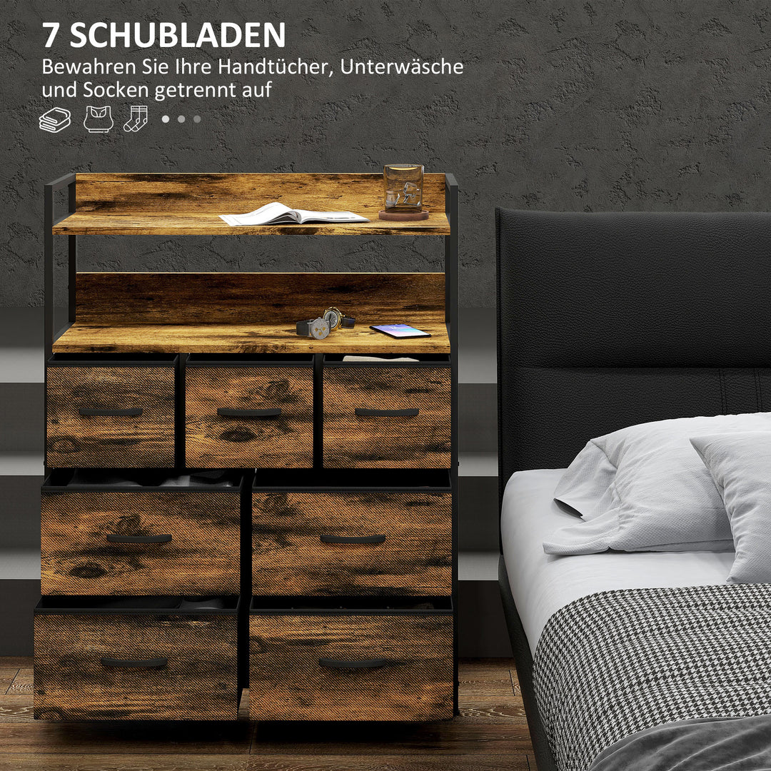Stofkommode, 7 foldbare skuffer, 2 hylder, stålramme, brun