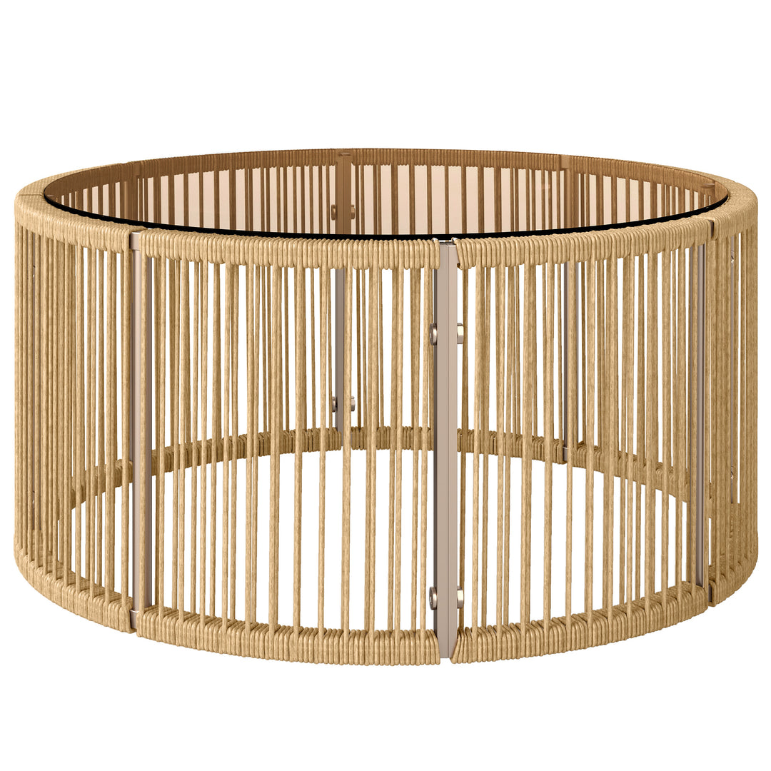 Sidebord af polyrattan, sofabord med hærdet glasplade, havebord med stålstel, 70 x 70 x 33 cm, brun