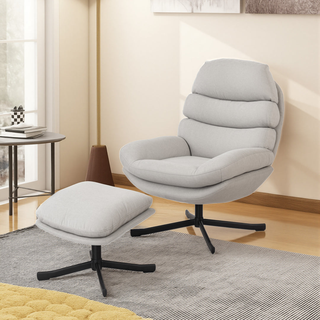 Lænestol med fodskammel, loungestol med chenillestof, moderne TV-stol, 78 x 93 x 100 cm, cremehvid