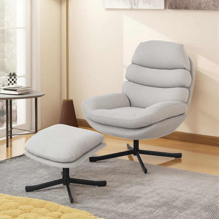 Lænestol med fodskammel, loungestol med chenillestof, moderne TV-stol, 78 x 93 x 100 cm, cremehvid