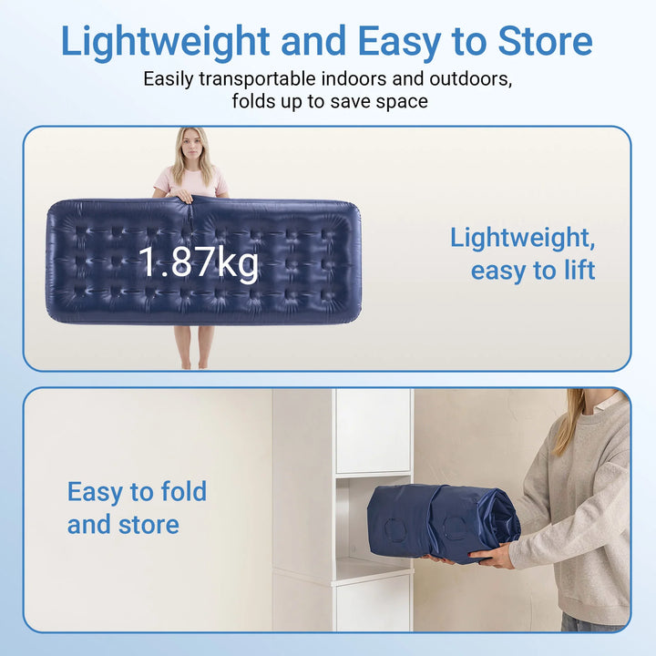 Enkelt luftmadras med pumpe, pude og lagen – 191 × 76 cm