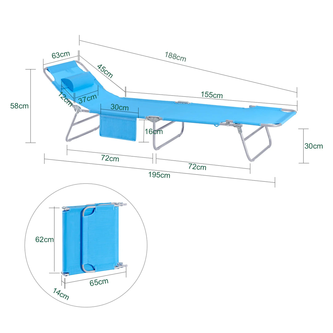 Liggestol, foldbar, L195 x B63 x H30 cm, turkis