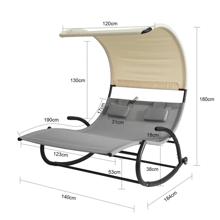 Liggestol til 2 personer, ergonomisk, indbygget parasol, B140 x D184 x H180 cm